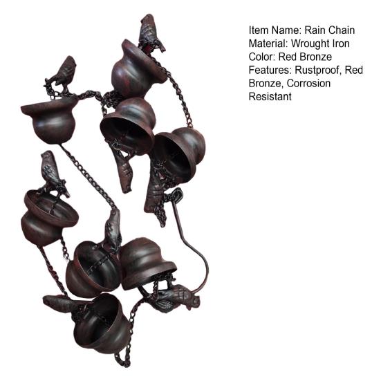 8,5-футовая передвижная цепочка от дождя с птицами на чашках, красная бронзовая декоративная цепочка от дождя с птицами, уличный двор