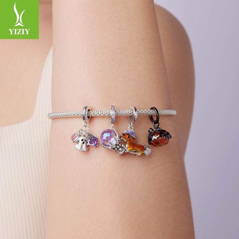 Halloween Magic Dachshund Pendant Accessories Personalized Cute Broom S925 Sterling Silver Beaded