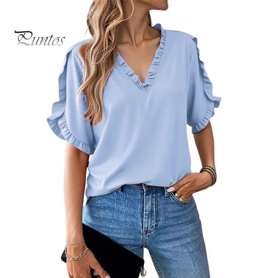 Женская рубашка с V-образным вырезом, оборками, рукавами-лепестками, однотонные топы свободного кроя, повседневная офисная дорожная рубашка