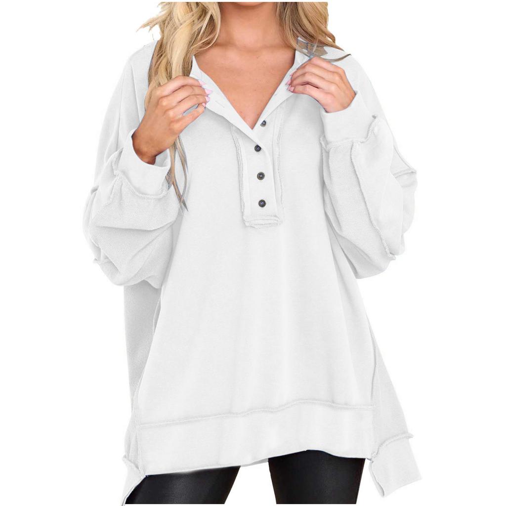 Autumn and Winter New Women's Round Neck Solid Button Loose Sweater Long Sleeve Top