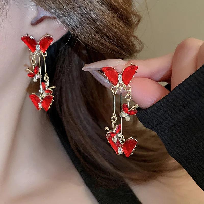 Red Crystal Butterfly Tassel Pendant Earrings for Women able Personalized Daily Accessory Party Jewelry Birthday Gifts