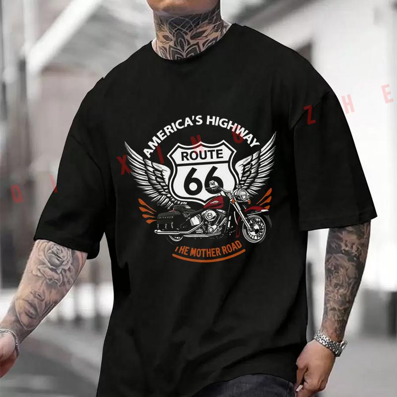 Free Roads! Highway 66 Motorcycle Cotton Casual T-shirts Mens Summer Motorcycle Cycling Sportsw