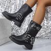 Fashion Punk Style Platform Ankle Boots Women Fashion Belt Buckle Thick Bottom Knight Boots Women Slip On Pu Leather Motorcycle Booties