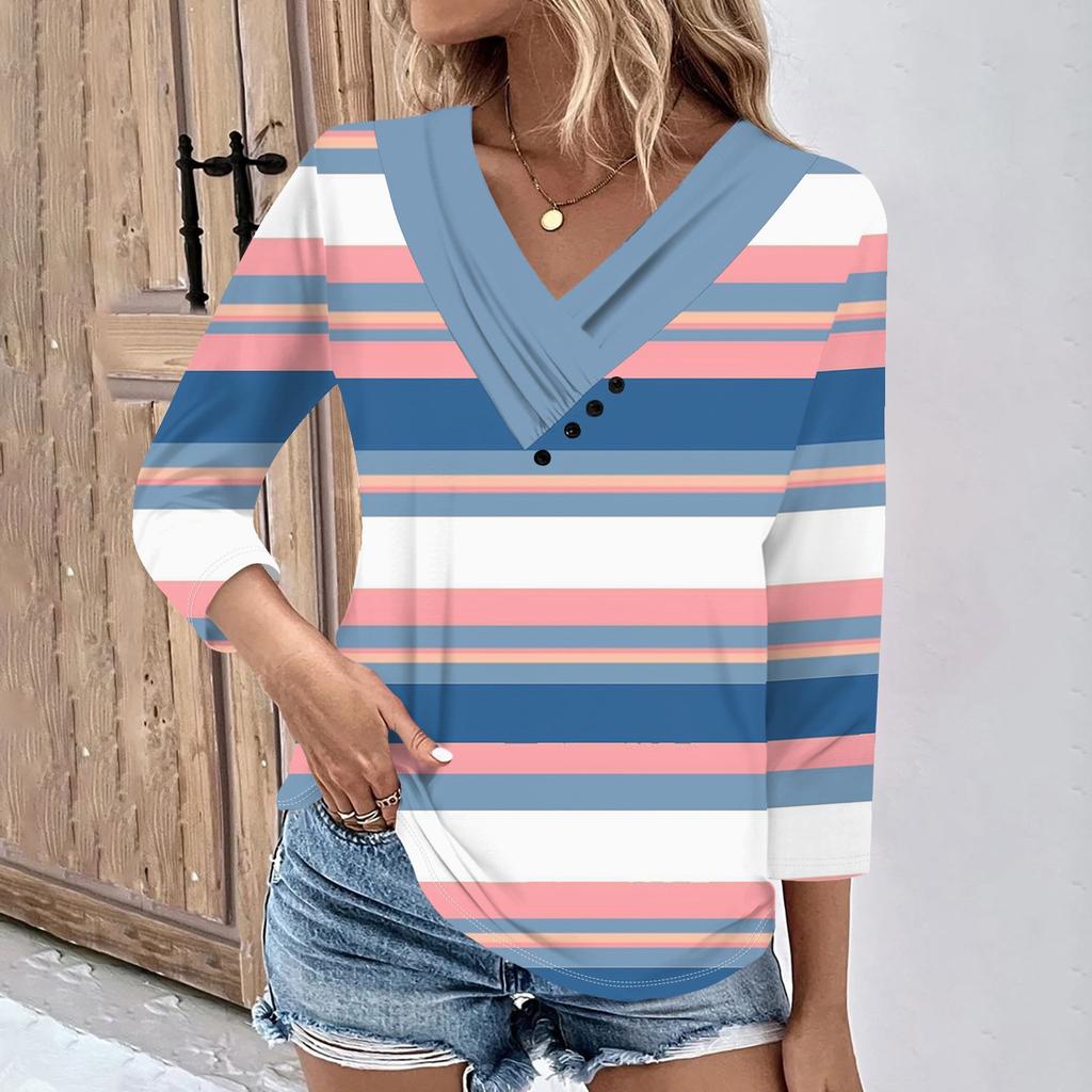 Womens 3/4 Sleeve Daily Weekend V Neck Casual Printed Tshirts Loose Fit Pleated Tees Ladies Blouse