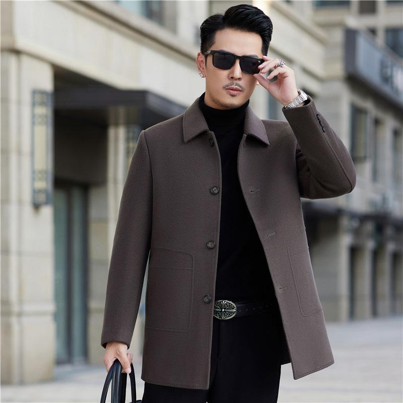 Осенне-зимнее двухстороннее кашемировое пальто, повседневное шерстяное пальто, мужское двухстороннее шерстяное пальто средней длины с лацканами для людей среднего возраста