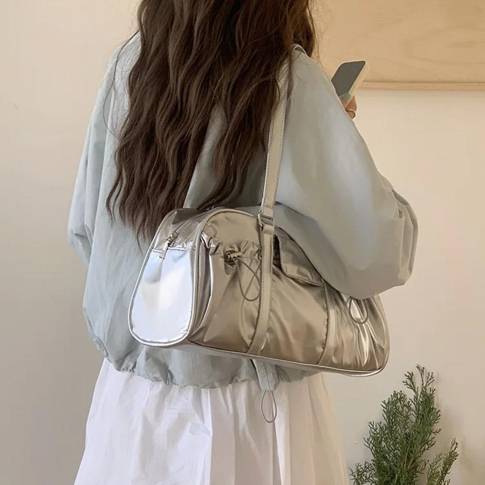 Chic Korean Style Pillow Shoulder Bag Large Capacity Vintage Nylon Underarm Bag Silver Commuting Y2K Women's Handbag Ladies