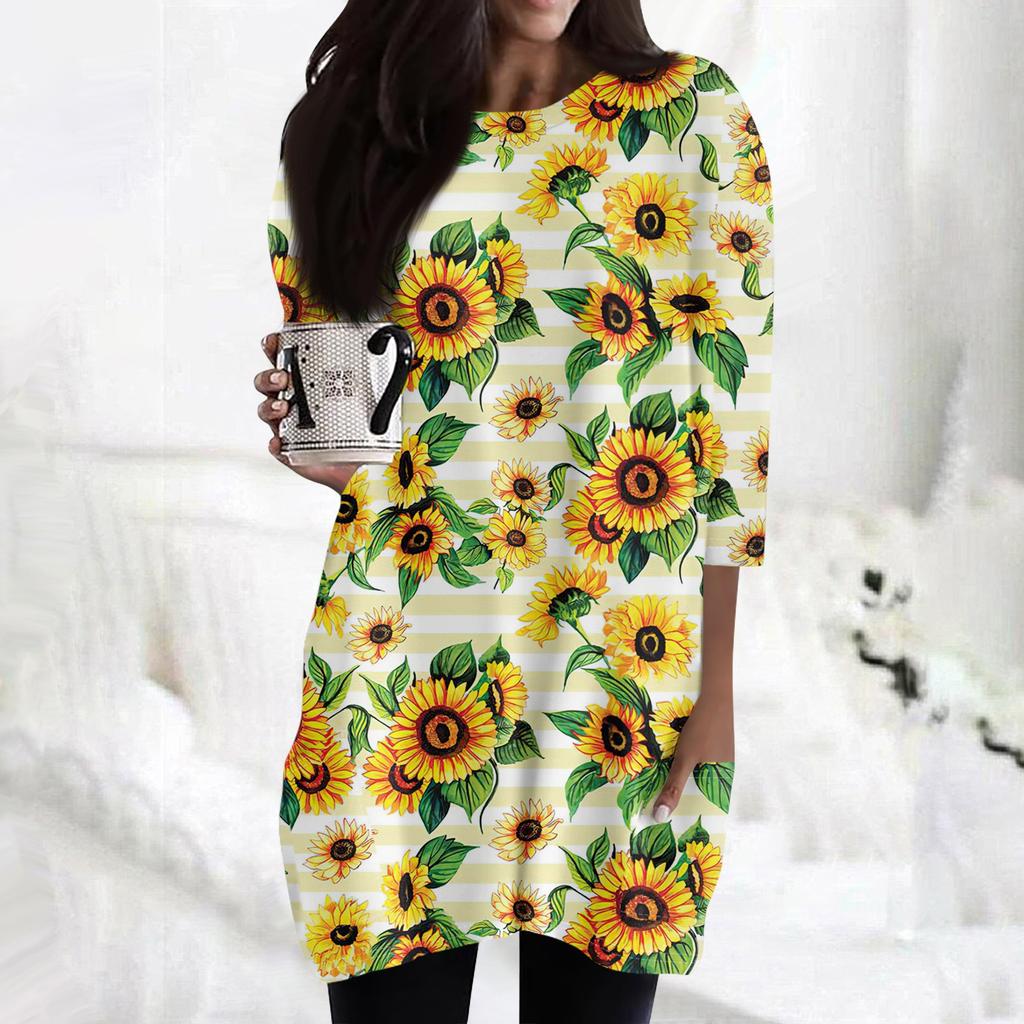 Женская модная повседневная футболка с круглым вырезом и принтом, рукавом 3/4, двойным карманом