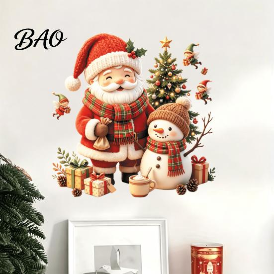 No Residue Seasonal Wall Decor Cute Santa Snowman Christmas Decals, Removable PVC Stickers with Festive Indoor Holiday Decorations Elf Gift Elements,