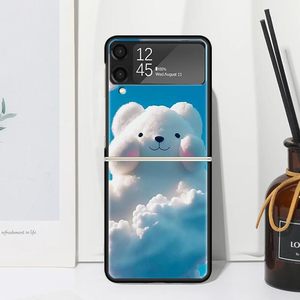 Sunny Clouds Teddy Bear Phone Case Cover for Samsung Galaxy Z Flip 7 6 5 4 3 5G Flip3 Flip4 Flip5 ZFlip6 ZFlip7 Black Fundas Cle