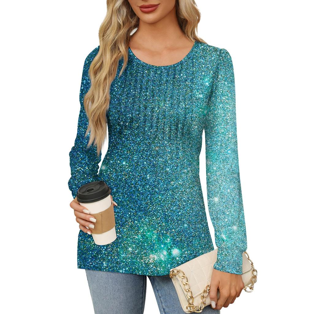 Женская повседневная плиссированная футболка с круглым вырезом и длинными рукавами с принтом