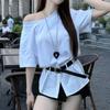 Summer Fashion Offshoulder Spliced Ruffled Waist Tshirt For Women