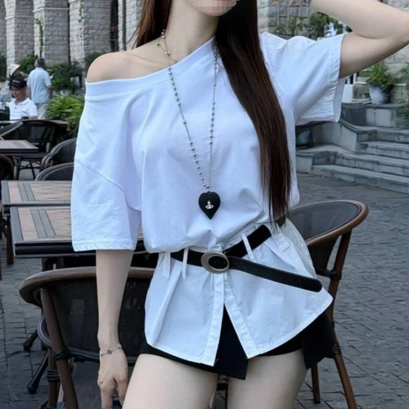 Summer Fashion Offshoulder Spliced Ruffled Waist Tshirt For Women