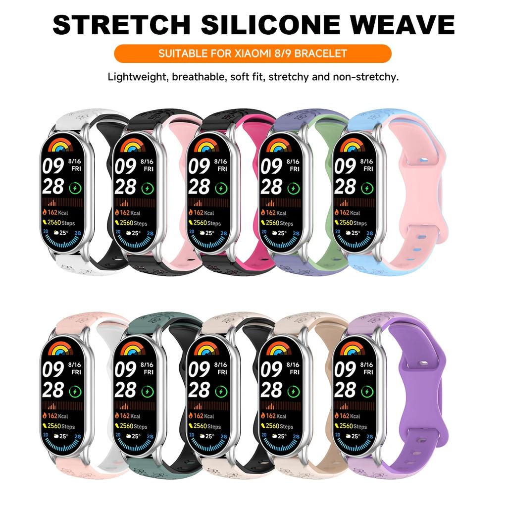 Женский силиконовый браслет с 3D гравировкой в виде цветка для умных часов Xiaomi Band 9 NFC, дышащий ремешок для Xiaomi Band 8 NFC