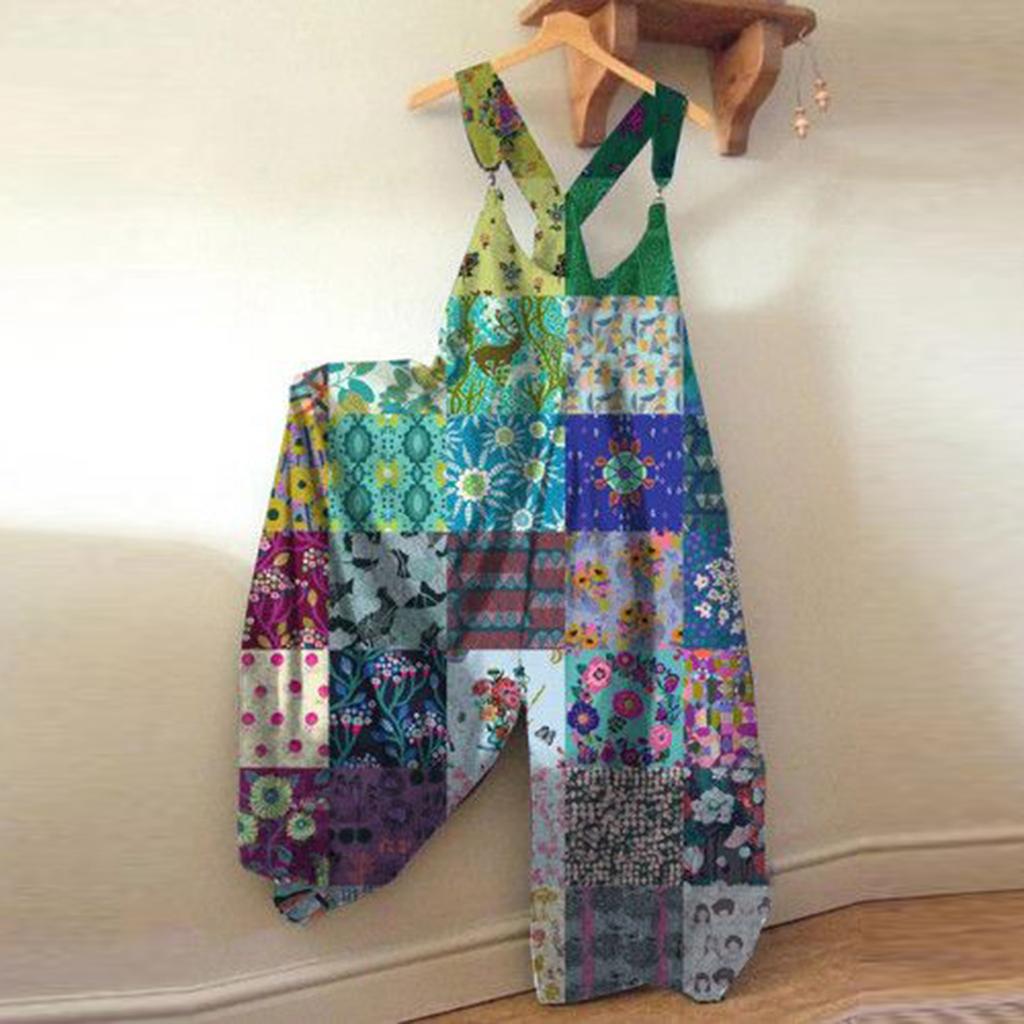 Women's Plus Size Fashion Printed Loose Casual Strap Back Wide Leg Jumpsuit