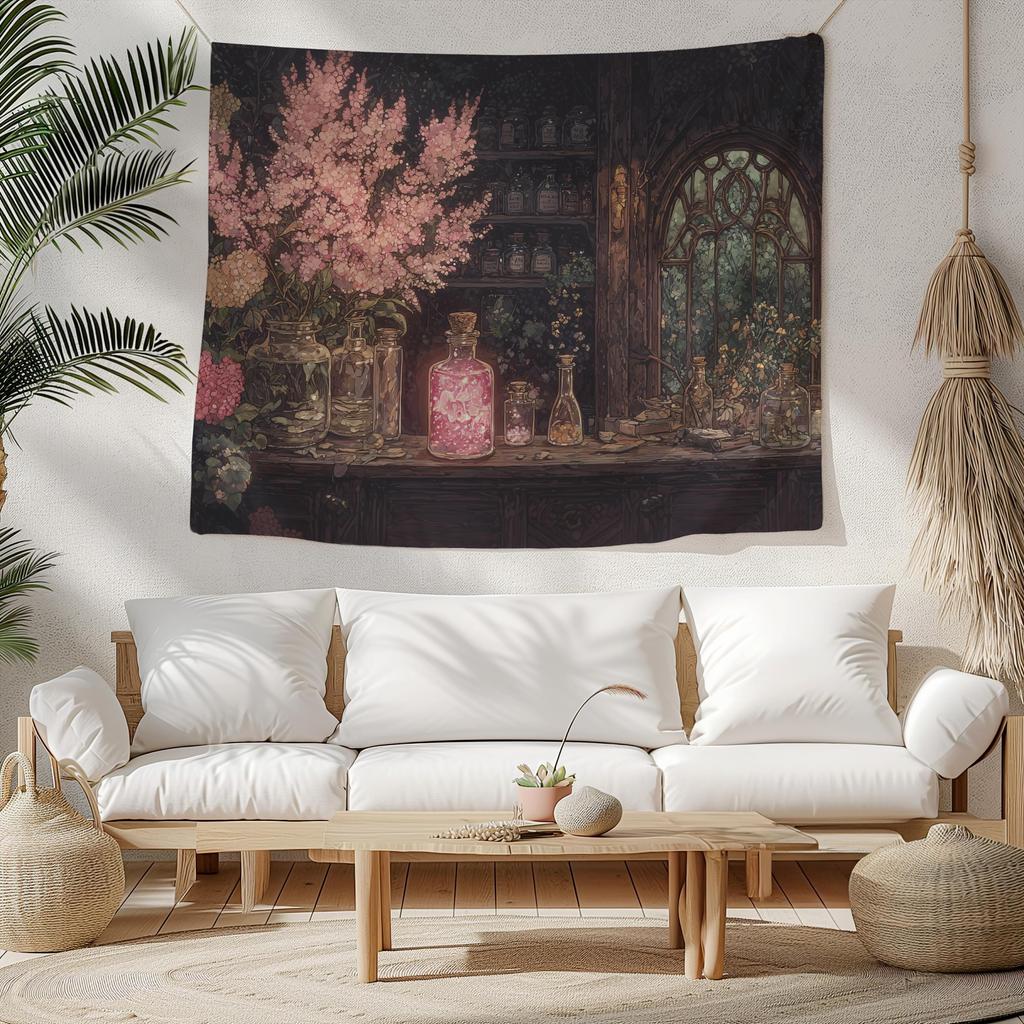 The White Witch's Cottage Tapestry Healer Wall Hanging White Magic Wall Cloth Enchanting Background Cloth Pink Flowers Cloth Hanging