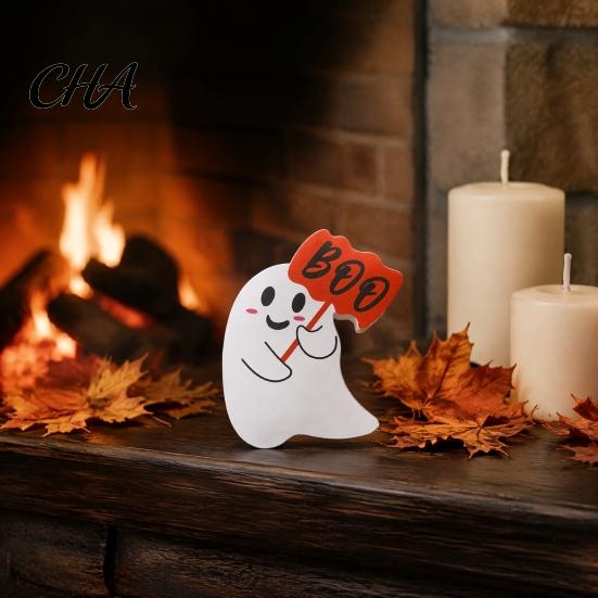 Decorative Wood Crafts Cute Ghost Halloween Wooden Sign, Farmhouse Small Black Cat Witch Hat Desktop Showcase Display Signs, Standing Tabletop