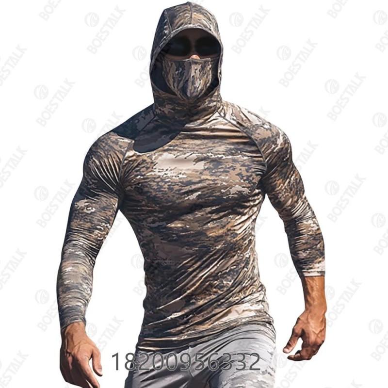 Mens Camo Fishing Shirt UPF 50 Sun Protection Hooded With Mask