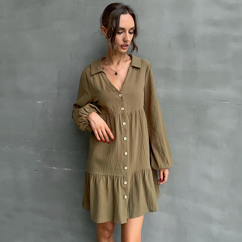 Color Solid Yyfs Womens Fashion Print Long Sleeve Polo Neck Casual Dresses