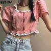 VONDA Женские летние кружевные блузки с квадратным вырезом в клетку с коротким рукавом и пузырьками