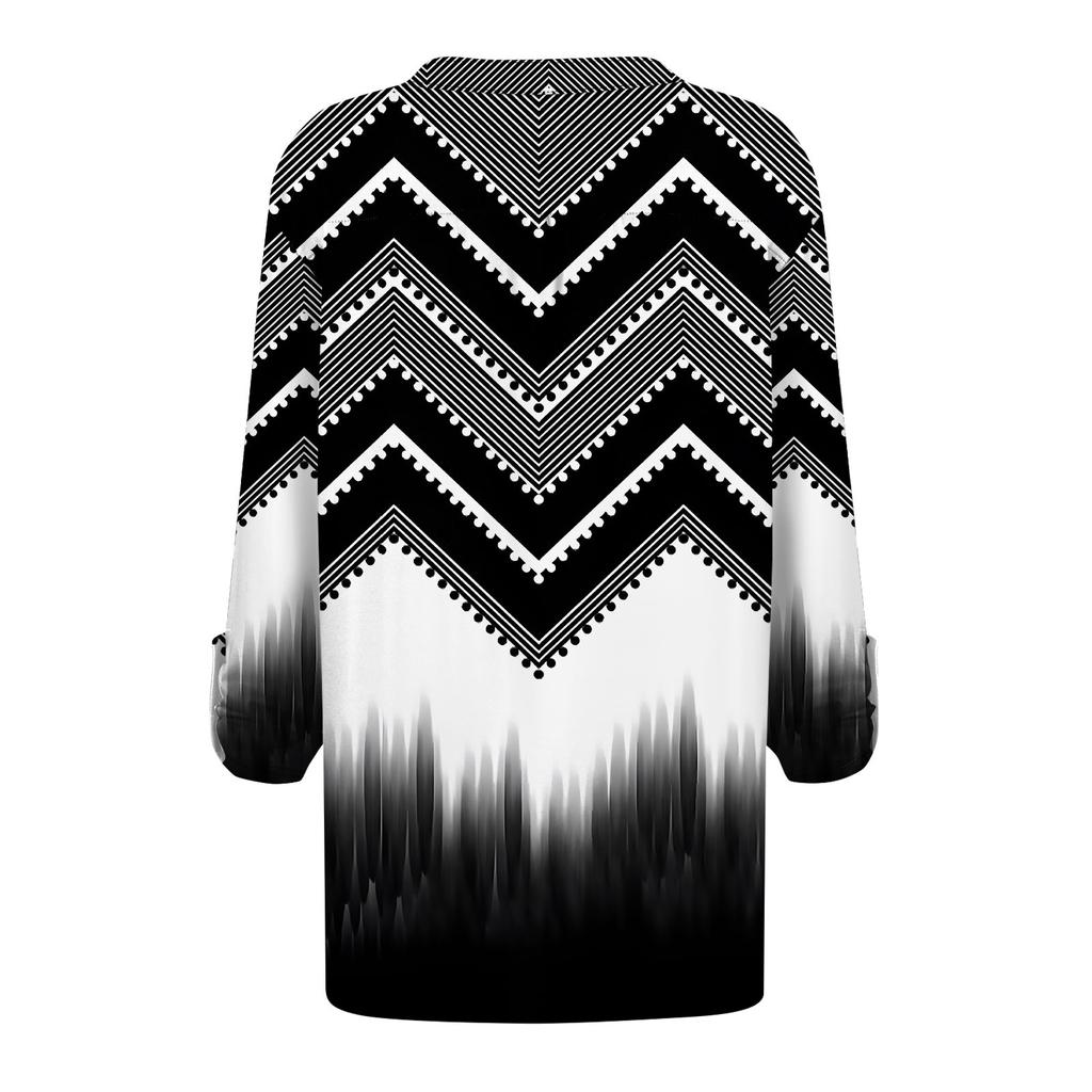 Women's Fashion Casual Printed V-Neck Long Sleeve Button Down T-Shirt Top