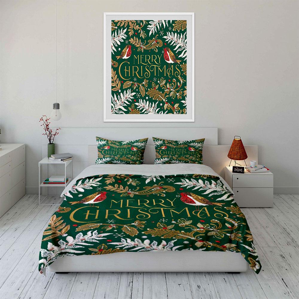 Christmas Birds and Leaves Print Bedding Duvet Cover Set Duvet Cover Pillowcases (1*Duvet Cover 2*Pillowcases, without duvet insert)