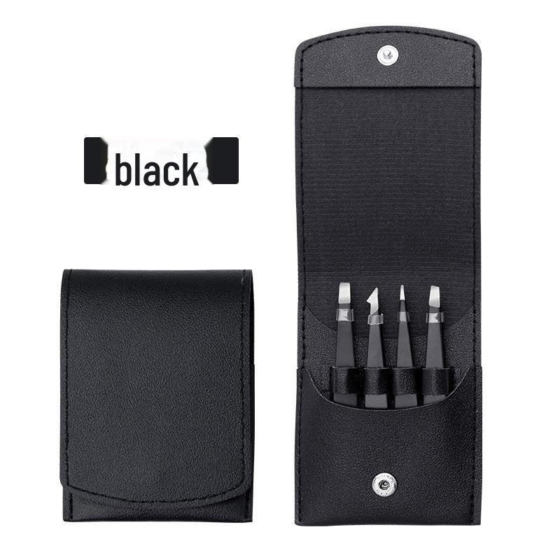 4-Piece Stainless Steel Eyebrow Tool Set with Logo: Tweezers (Oblique & Straight) and Scissors.