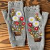 Cartoon Embroidered Hand Gloves Stretchy Knitted Mittens Fingerless Hand Warmer Flower Embroidery Half Finger Mittens