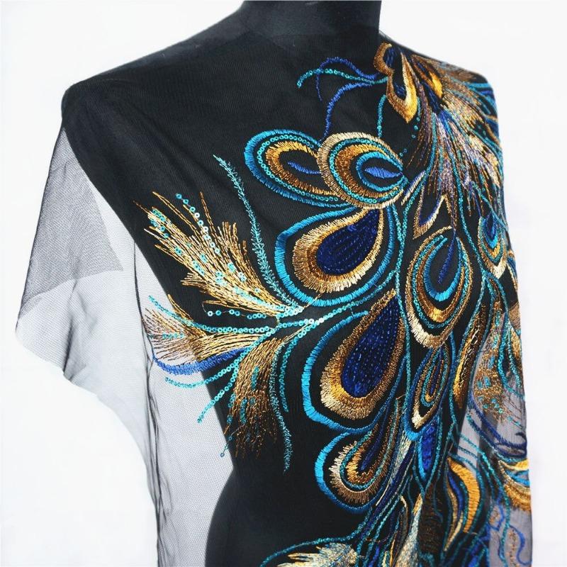 Красно-синее вышитое пайетками перо феникса павлина черное сетчатое свадебное платье аппликация кружевная отделка шитье нашивки платье своими руками