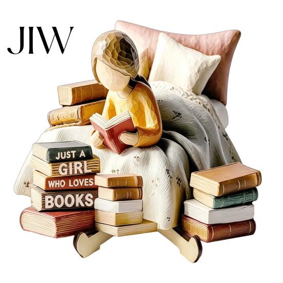 Stable Base Wooden Craft Reading Girl Figurine, Pastoral Style Statue Desktop Hand Painted Home Accessory Decor, Artistic Healing Ornament,