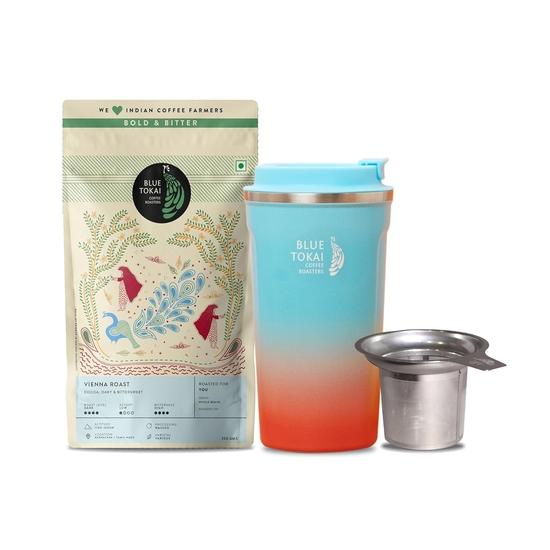 Blue Tokai Coffee Roasters Coffee & Sipper Combo | Channi Coffee Maker | Veinna Dark Roast | Channi Grind 250g | Coromandel Sipper 500ml