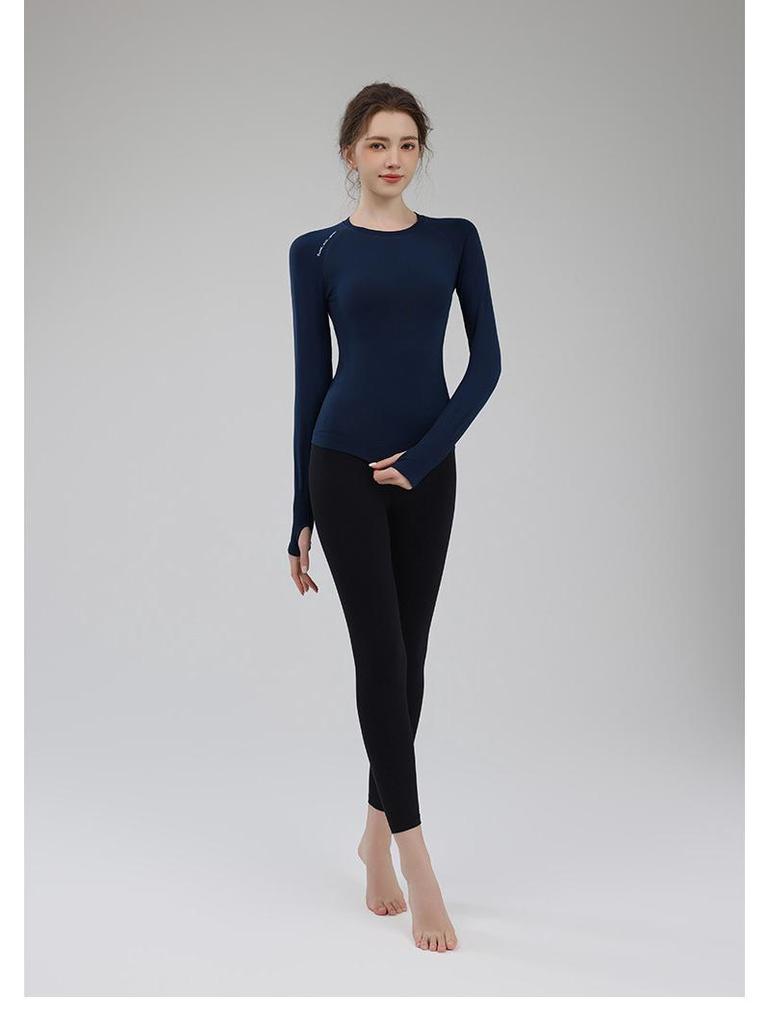 Женский облегающий топ с длинным рукавом для йоги и бега — быстросохнущий, дышащий, с круглым вырезом для тренировок осенью и зимой