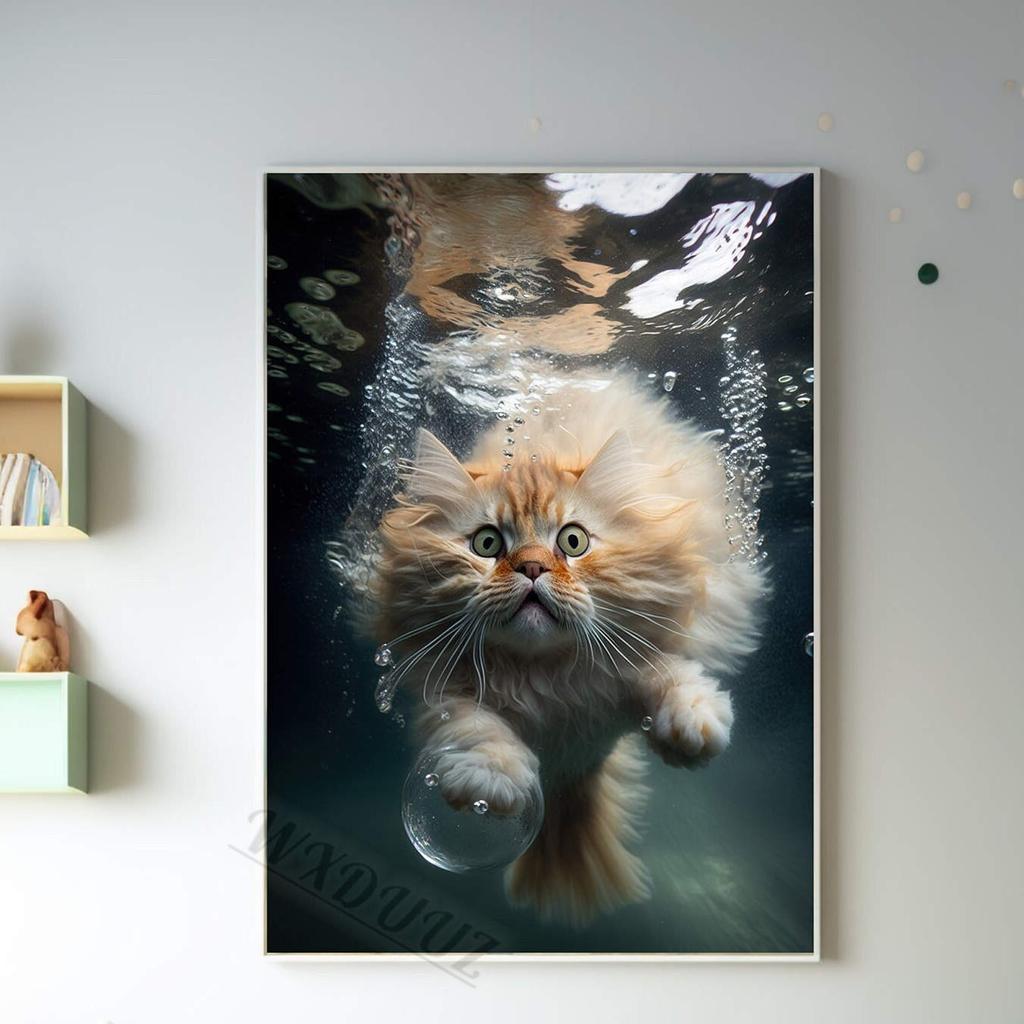 Funny Cute Swimming Cats Pictures For Cat Lovers Room Living Canvas Painting Art Home Wall Decor Print Aesthetics Posters Gift