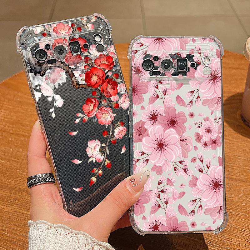 Pink Flowers Pattern Transparent Case For Google Pixel 9 Pro 9A Pixel 9 Pro XL Clear Shockproof Anti-Fall TPU Soft Phone Cover