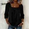 Skin-friendly Fabric Shirt Women Square Collar 3/4 Sleeve Pure Color Casual Loose Fit Tops Blouse Lace Splicing Summer Breathable