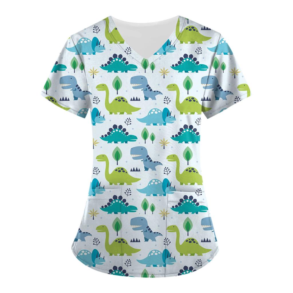 Женские топы с короткими рукавами и v-образным вырезом с милыми животными, рабочая блузка с карманами