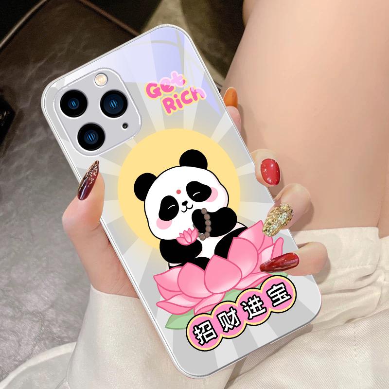 Чехол для телефона из закаленного стекла Сидящая панда лотос для iPhone 16 Pro Max 15 Pro 14 13 12 Mini 11 XS Max XR 7 8 Plus SE 2022
