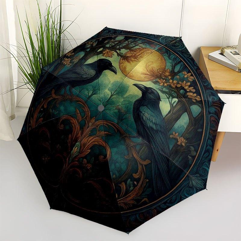Raven Moonlit Forest Wall Art: Mystical Circular Decor Umbrella, Portable 3-Fold Compact Umbrella for Men & Women R142