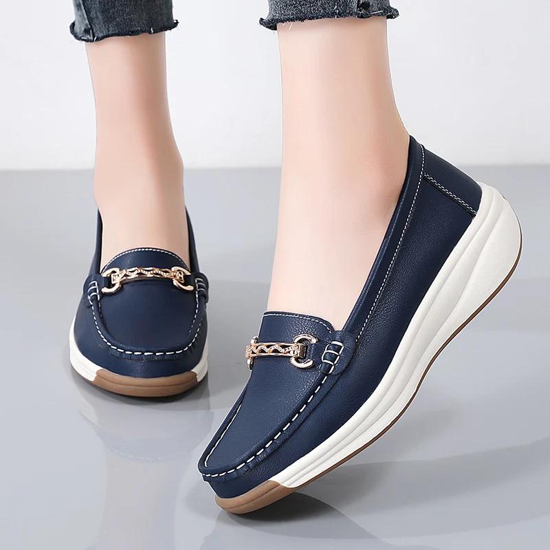 BKQU Spilt Leather Women Casual Shoes Designer Flat Platform Loafers for Women Wedge Sneakers Slip On Ladies Moccasins