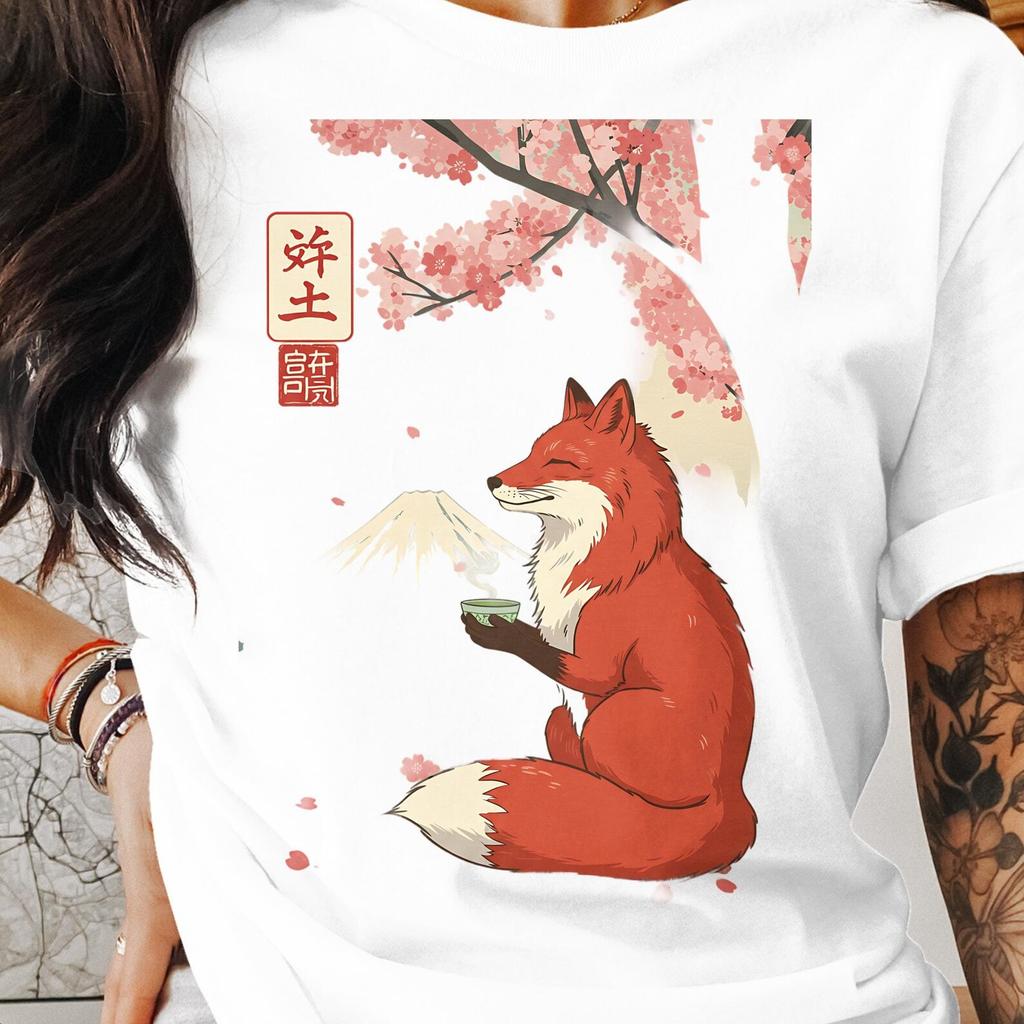 Fox with Cherry Blossoms and Mountain T-shirt-Sweatshirt, Fun Fox Design Shirt, Japanese Style T-shirt, Adorable Fox T-shirt, Trendy Shirt