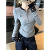 Unique embroidered top spring new button half open neck knitted bottoming shirt contrasting color knitted sweater women