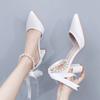 7cm Thick Heel Pointed Sandals Straps for Women's Sandals White Beaded Wedding Bride High Heels Large Size Shoes