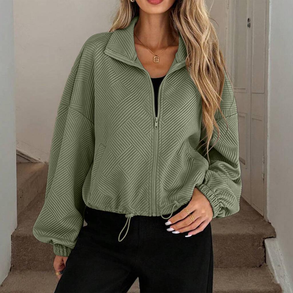 Women's Fashionable Solid Color Long Sleeved High Neck Zipper Hem Drawstring Pocket Loose Baseball Jacket