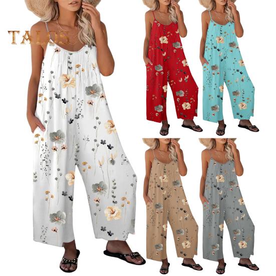 Летний женский комбинезон с регулируемым ремешком на тонких бретельках, без рукавов, с открытой спиной, с широкими штанинами, свободный цветочный принт, глубокая промежность, боковые карманы, плиссированные, для отдыха, пляжа