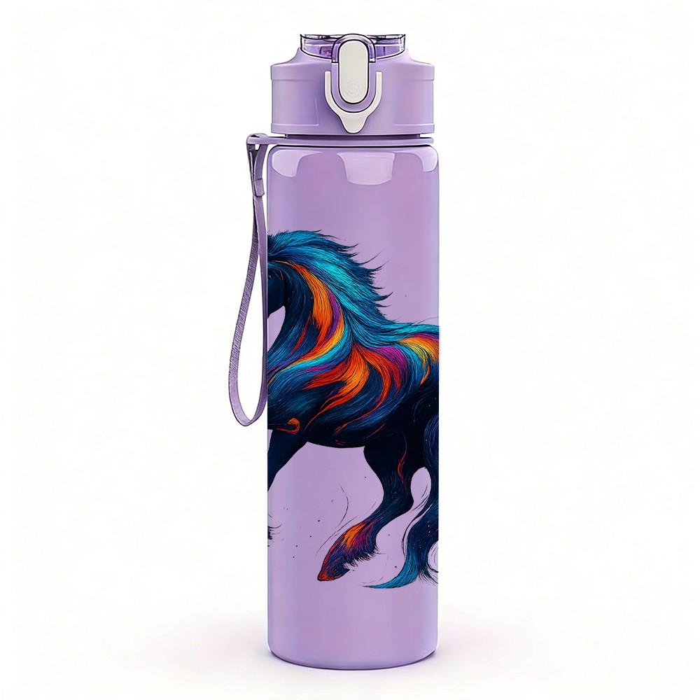 1PC Multicolor Running Horse Art Print 750ml Color Plastic Sports Water Bottle Leakproof Flip Straw Lid Suitable for Sports Office Home Use