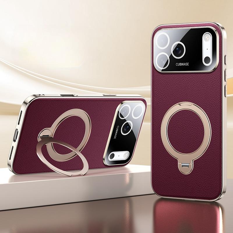 Electroplated Leather Magnetic Case for iPhone 17 Pro Max Magsafe Holder Stand Shockproof Matte Back Cover for iPhone 17Pro