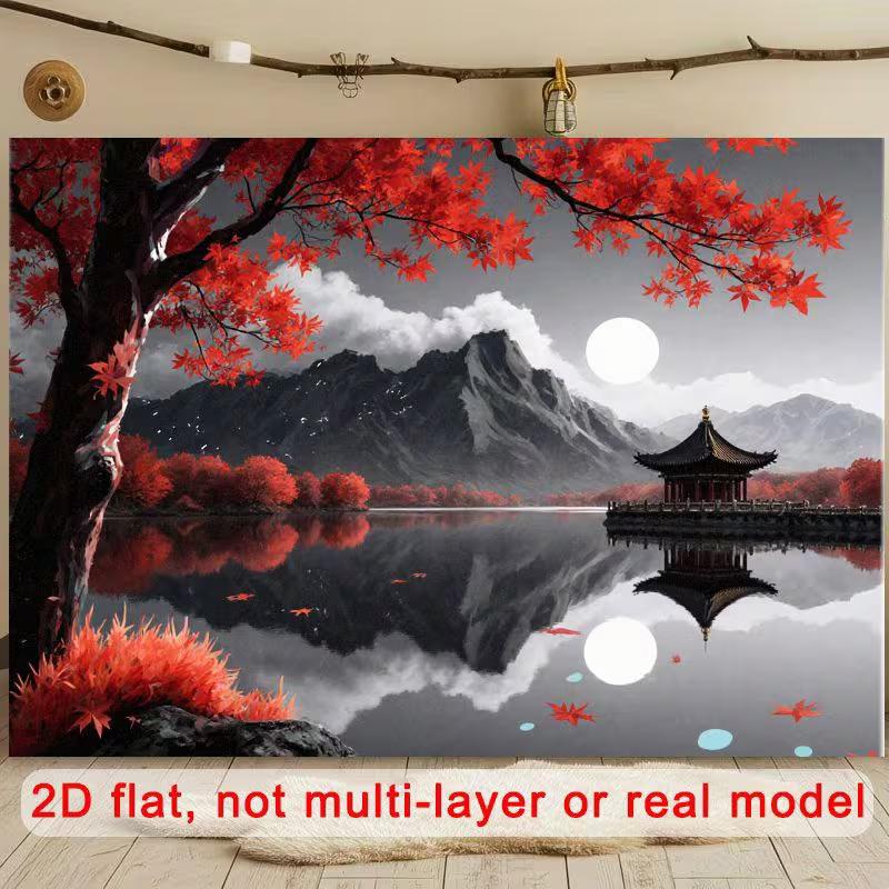 2D Flat Printed Red Maple Japanese Pavilion Background Cloth