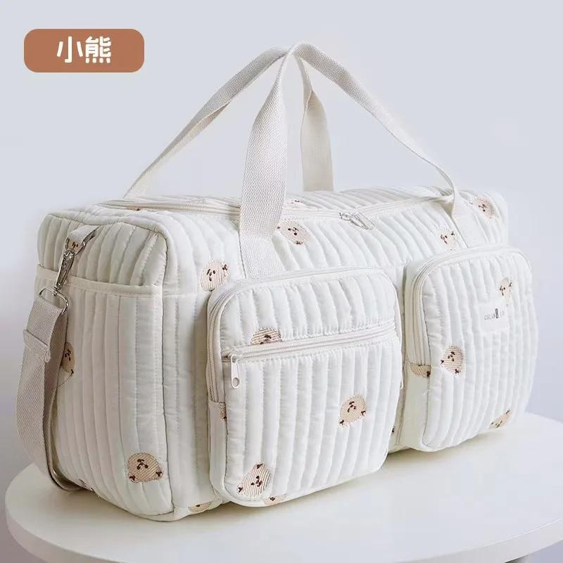 New Luggage Bag Diaper Bag Cute Bear Flower Embroidery Pattern Tote Bag Beige Cotton Fabric Zipper Diaper Handbag