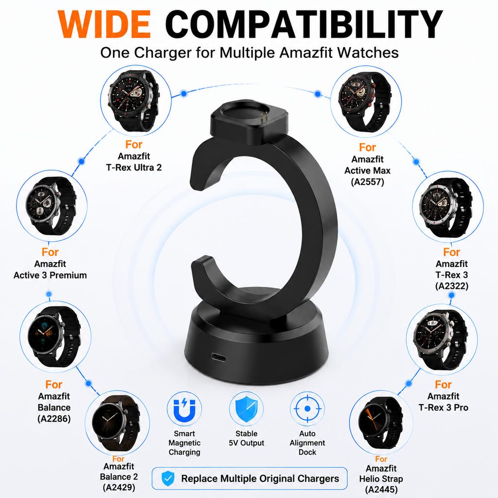 Магнитная зарядная станция для умных часов Amazfit Active Max / T-Rex Ultra 2 / T-Rex 3 Balance, зарядная база на подставке С-образной формы, 5 В