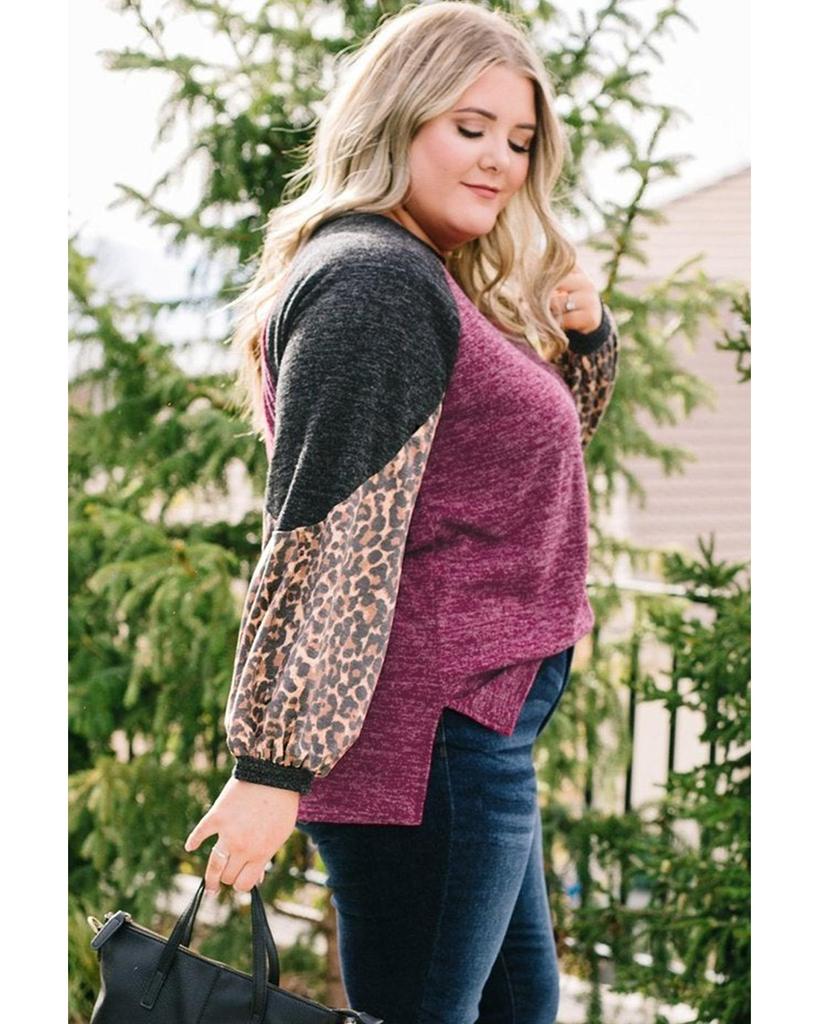 Azura Exchange Leopard Colorblock Long Sleeve Plus Size Top