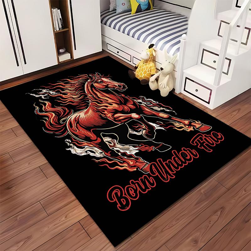 Fiery Red Horse Design Carpet, "Born Under Fire" Text, Black Base Suitable for use as an anti-slip for living room bedroom sofas